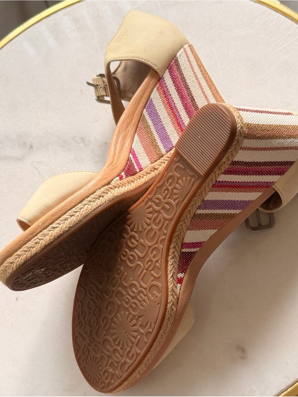 UGG Beige Espadrille Wedge Sandals with Multicolor Striped Heel